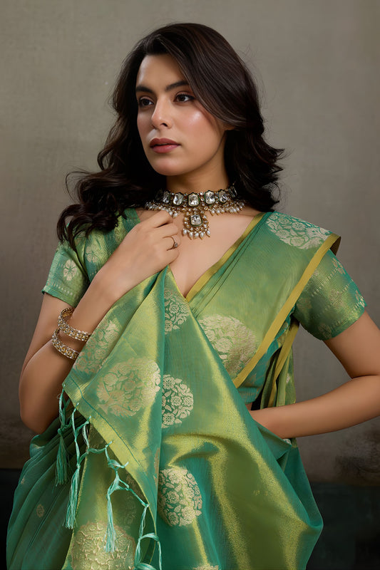 Mehendi Green Banarasi Silk Saree Gold Zari Weaving Designer Saree