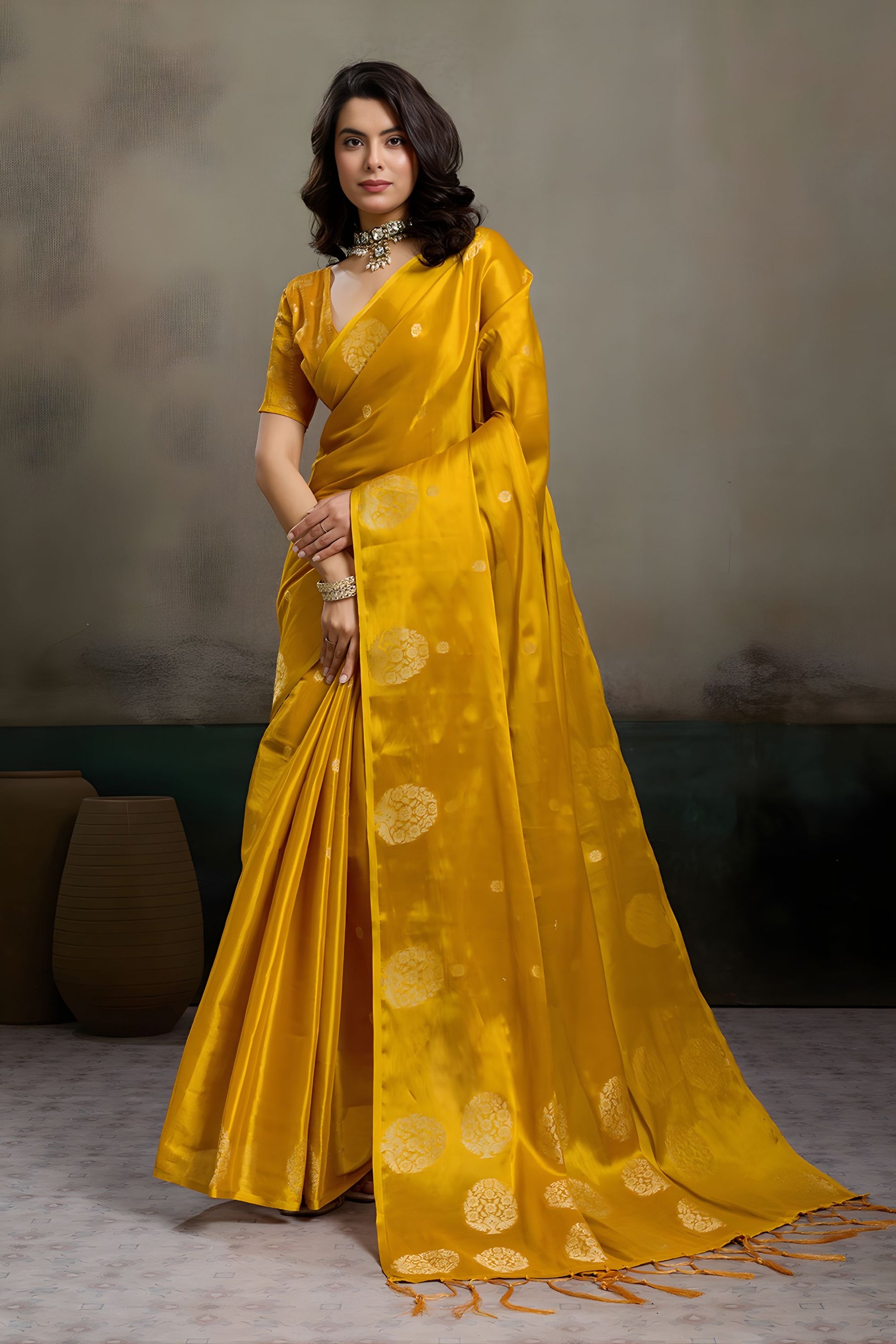 Mustard Yellow Silk Blend Woven Designer Saree Traditional Motifs Blouse 
