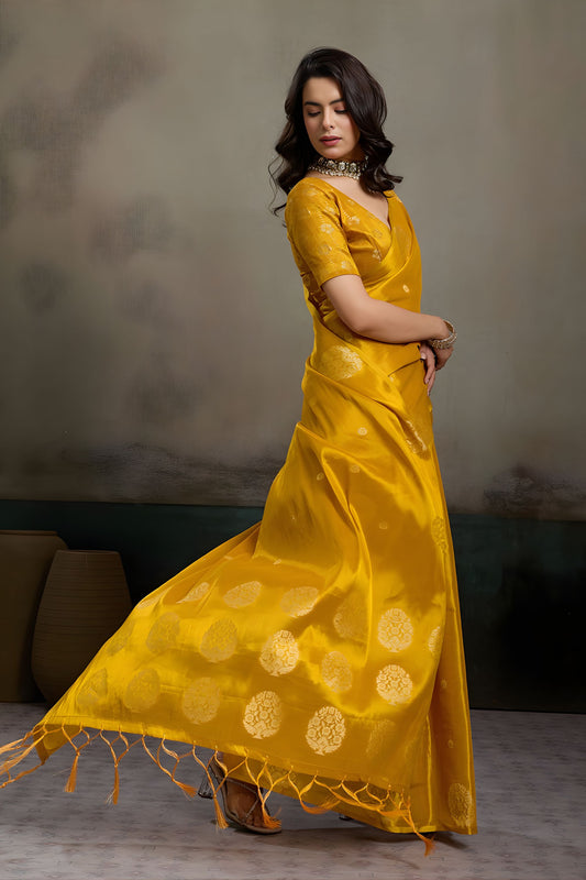 Mustard Yellow Silk Blend Woven Designer Saree Traditional Motifs Blouse