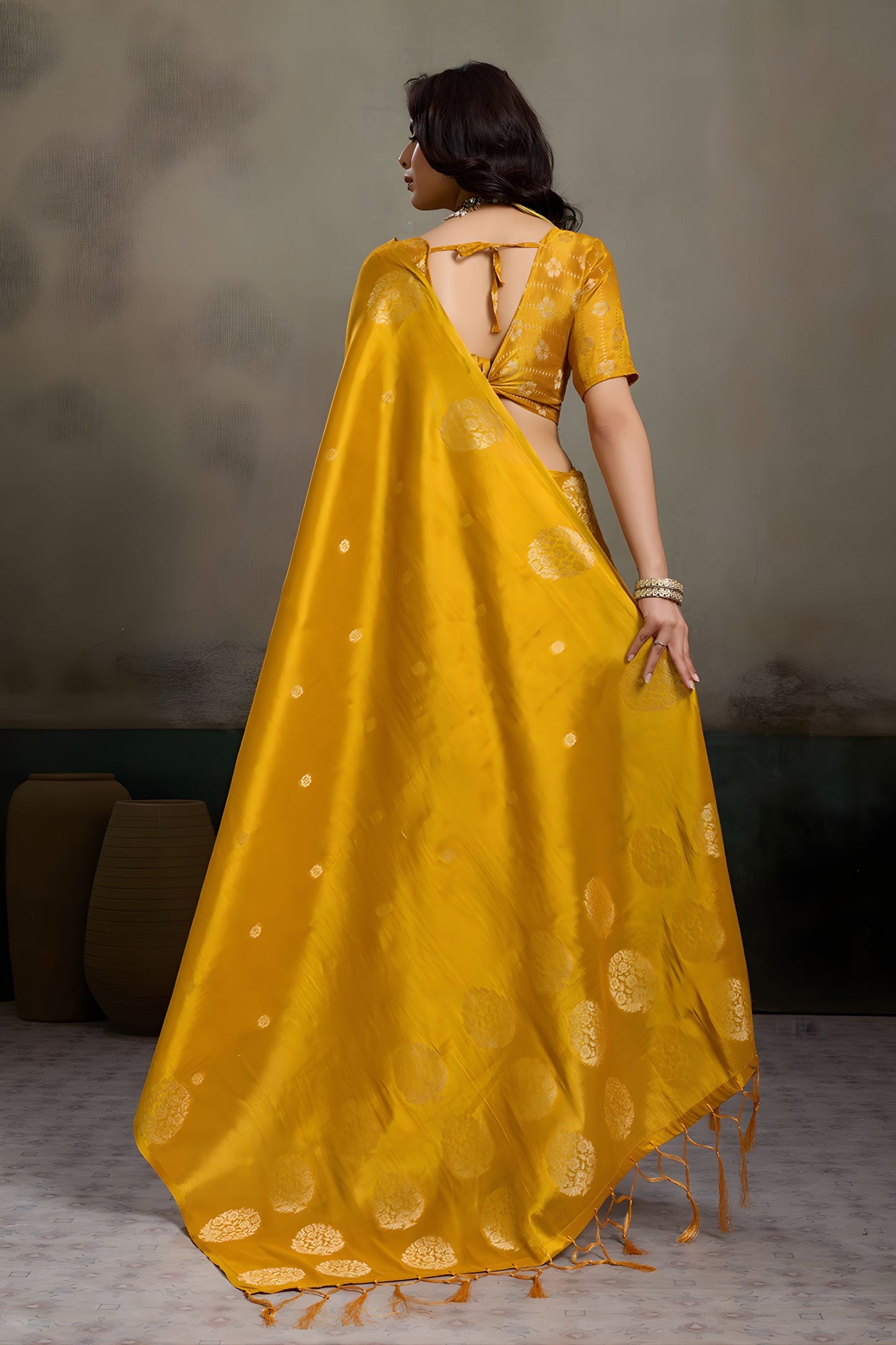 Mustard Yellow Silk Blend Woven Designer Saree Traditional Motifs Blouse