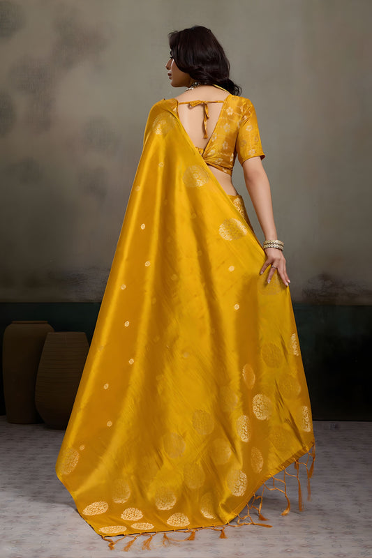 Mustard Yellow Silk Blend Woven Designer Saree Traditional Motifs Blouse