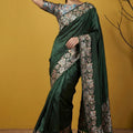 Dark Green Silk Saree loral Print Border Designer Saree