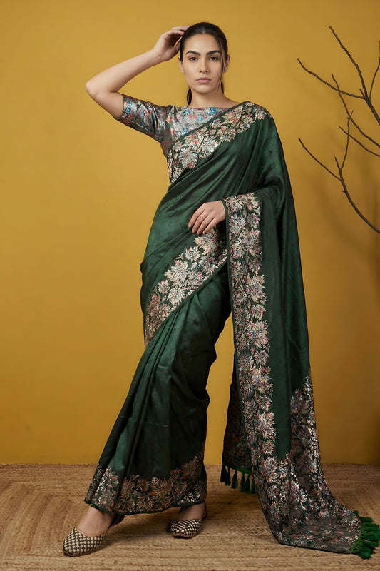 Dark Green Silk Saree loral Print Border Designer Saree