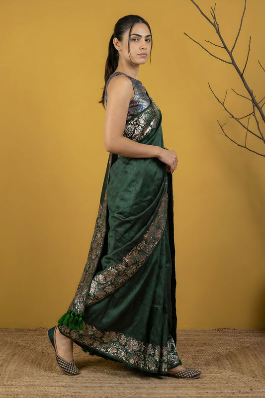 Dark Green Silk Saree loral Print Border Designer Saree