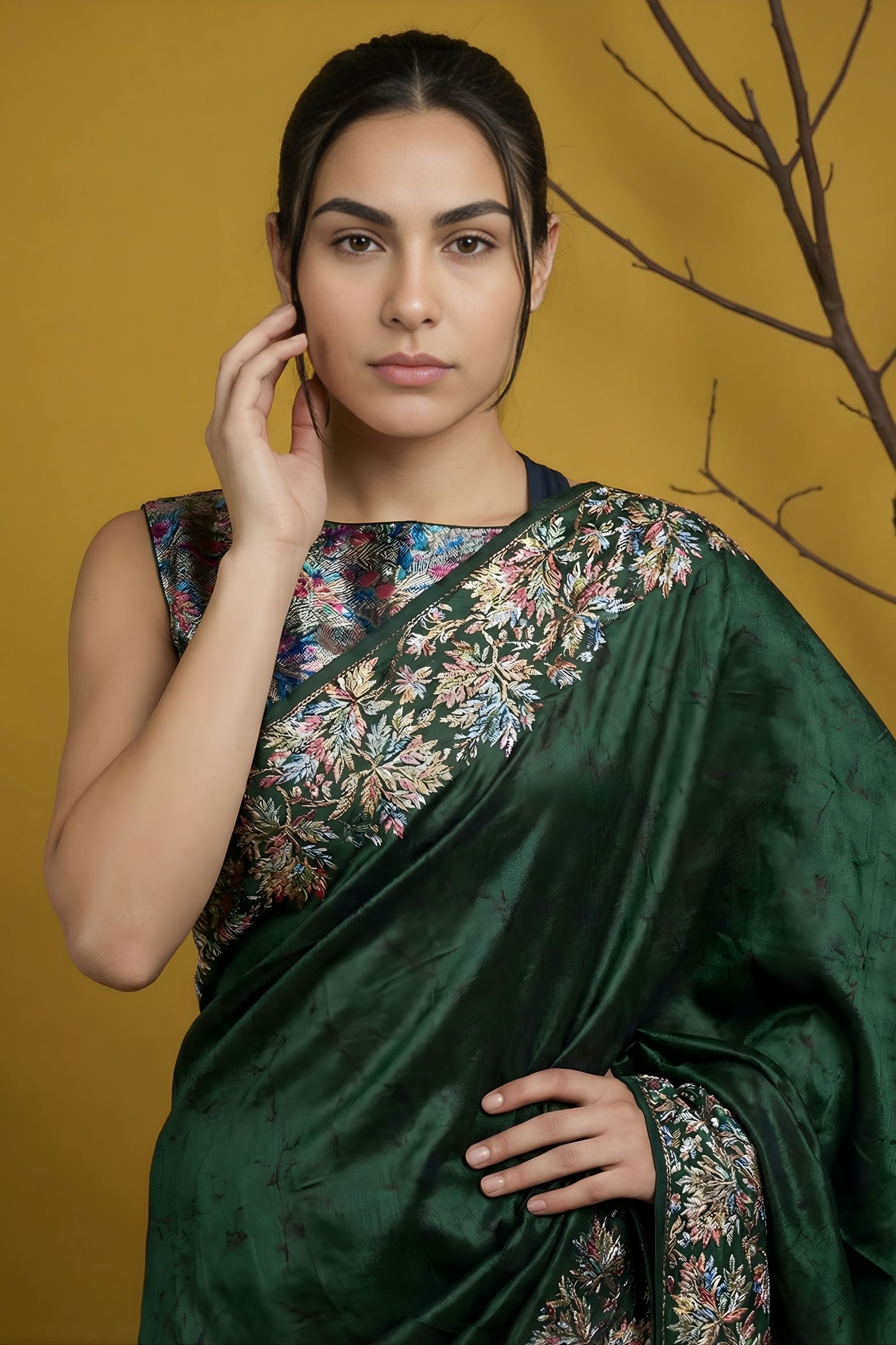 Dark Green Silk Saree loral Print Border Designer Saree