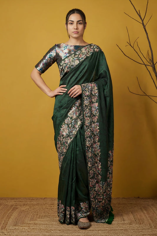  Dark Green Silk Saree loral Print Border Designer Saree