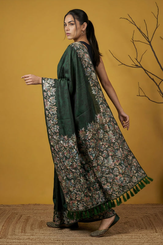 Dark Green Silk Saree loral Print Border Designer Saree