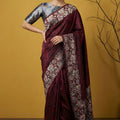 Wine Maroon Silk Saree Floral Printed Border Designer Saree