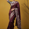 Wine Maroon Silk Saree Floral Printed Border Designer Saree