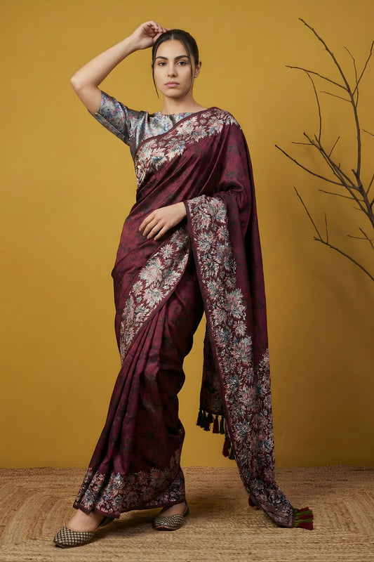 Wine Maroon Silk Saree Floral Printed Border Designer Saree