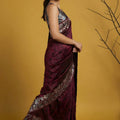 Wine Maroon Silk Saree Floral Printed Border Designer Saree