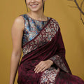 Wine Maroon Silk Saree Floral Printed Border Designer Saree