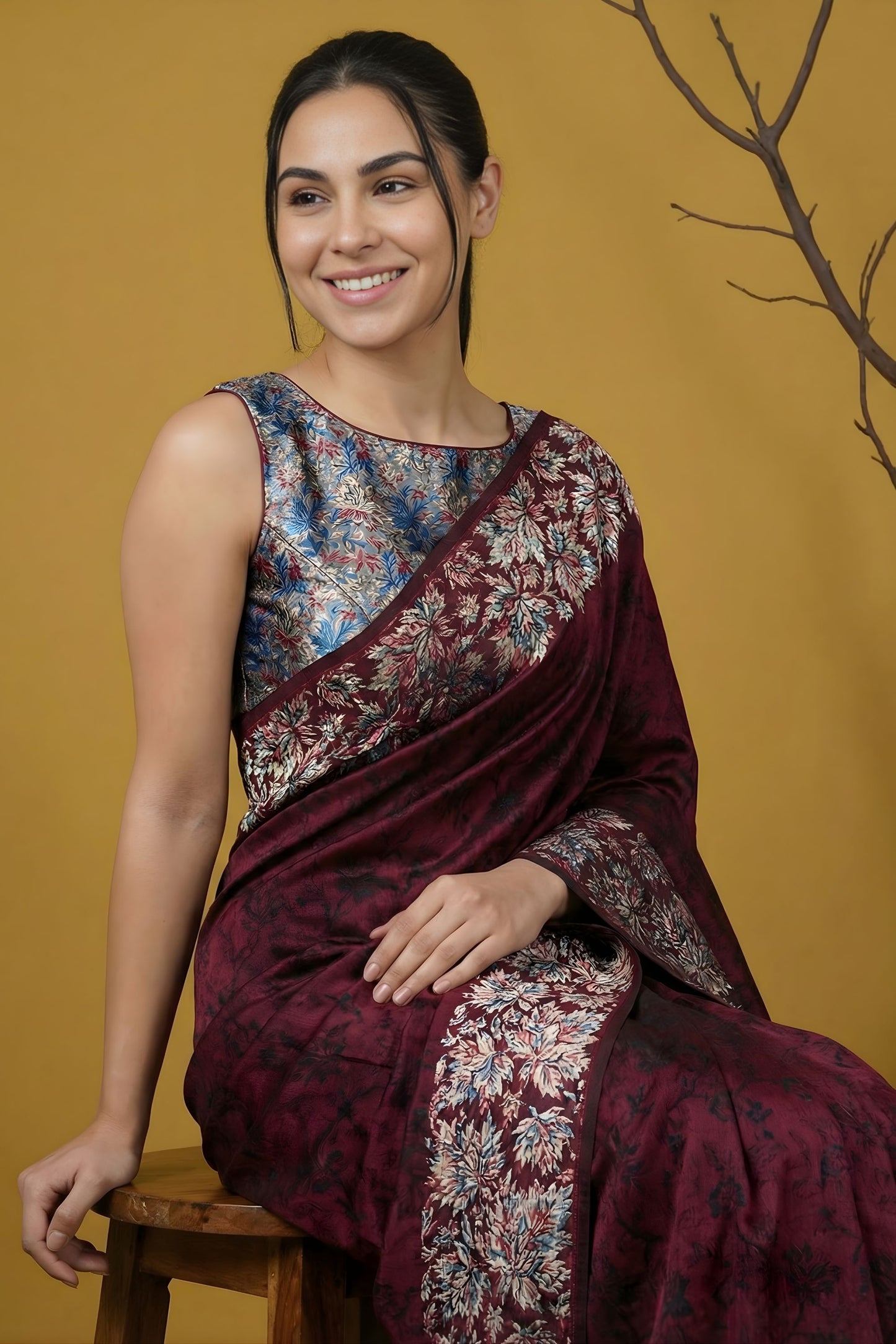 Wine Maroon Silk Saree Floral Printed Border Designer Saree