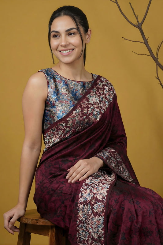 Wine Maroon Silk Saree Floral Printed Border Designer Saree
