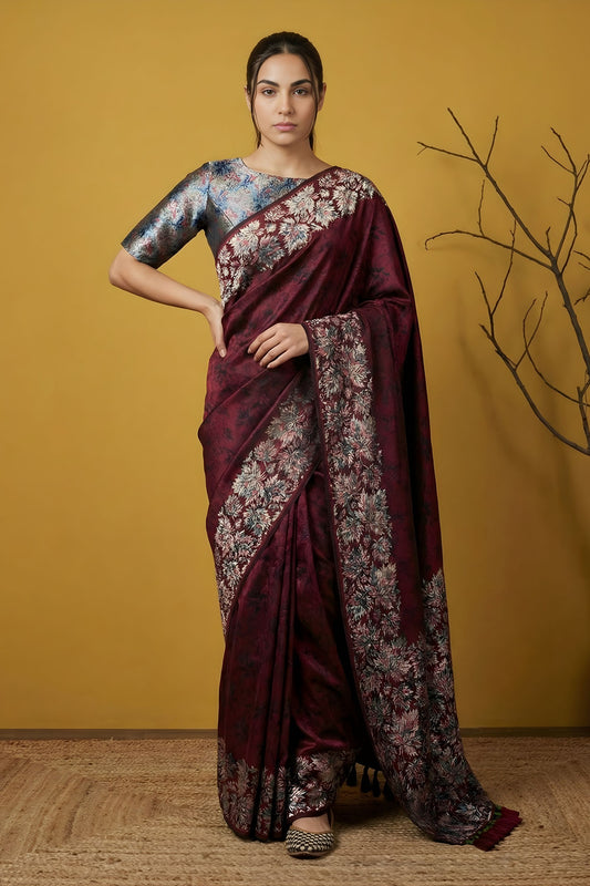 Wine Maroon Silk Saree Floral Printed Border Designer Saree