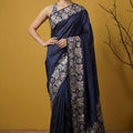  Navy Blue Silk Saree Floral Printed Border Designer Saree 