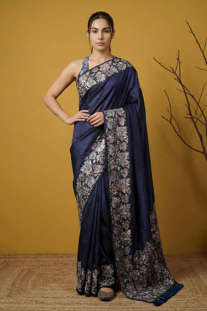  Navy Blue Silk Saree Floral Printed Border Designer Saree 
