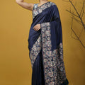 Navy Blue Silk Saree Floral Printed Border Designer Saree