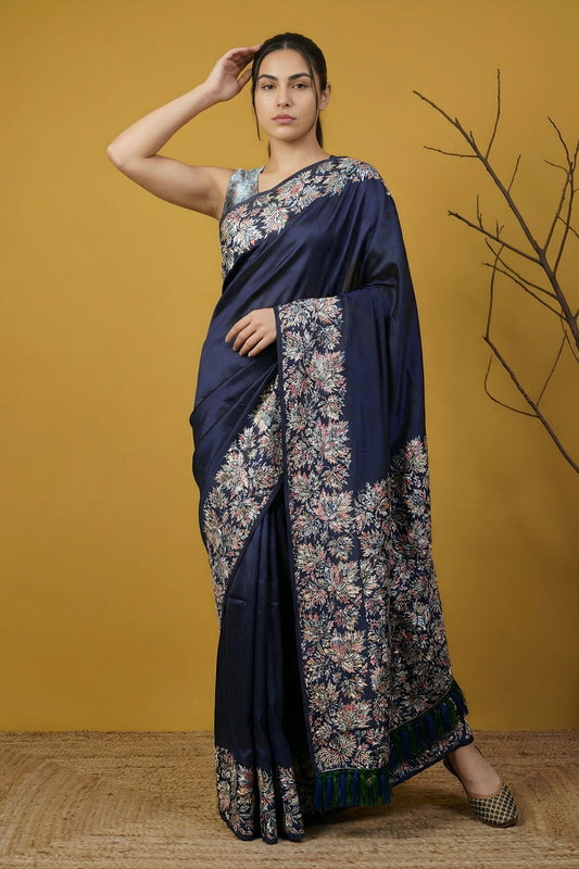 Navy Blue Silk Saree Floral Printed Border Designer Saree