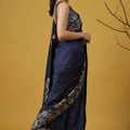 Navy Blue Silk Saree Floral Printed Border Designer Saree