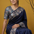 Navy Blue Silk Saree Floral Printed Border Designer Saree