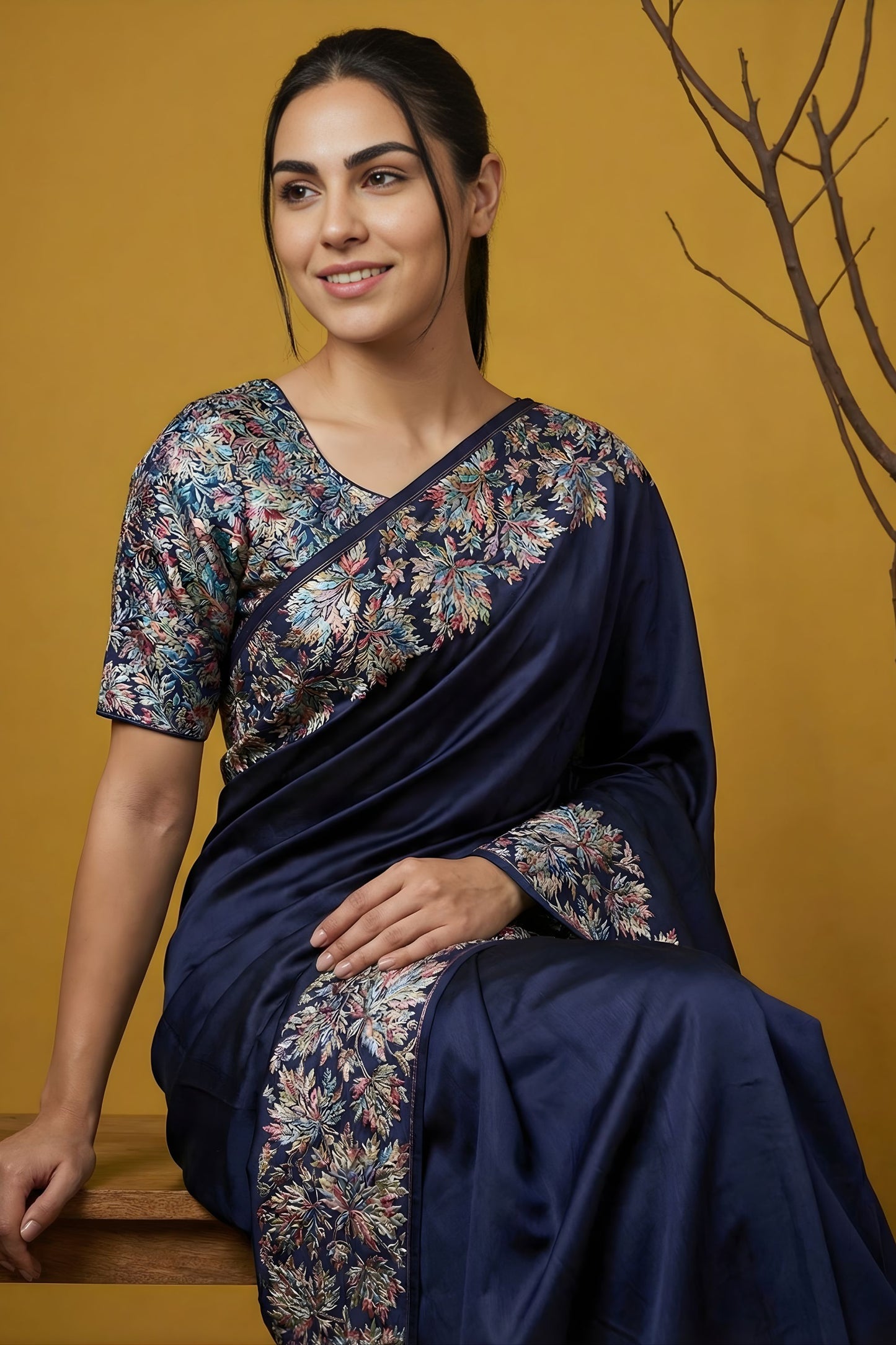Navy Blue Silk Saree Floral Printed Border Designer Saree