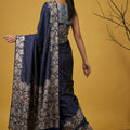 Navy Blue Silk Saree Floral Printed Border Designer Saree