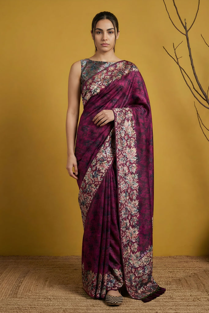 Wine Pink Silk Saree Floral Printed Border Designer Saree 