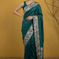 Bottle Green Silk Saree Floral Printed Border Designer Saree 