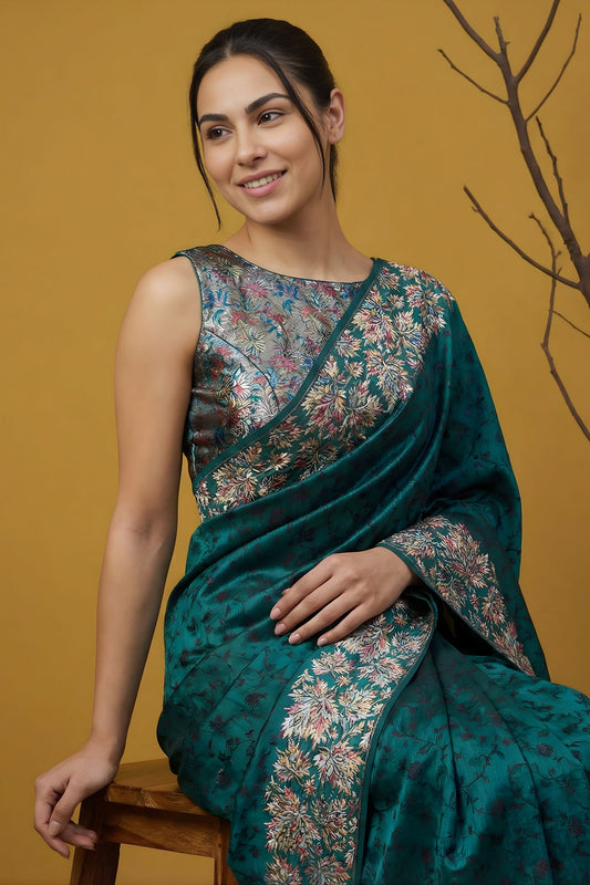 Bottle Green Silk Saree Floral Printed Border Designer Saree