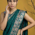 Bottle Green Silk Saree Floral Printed Border Designer Saree