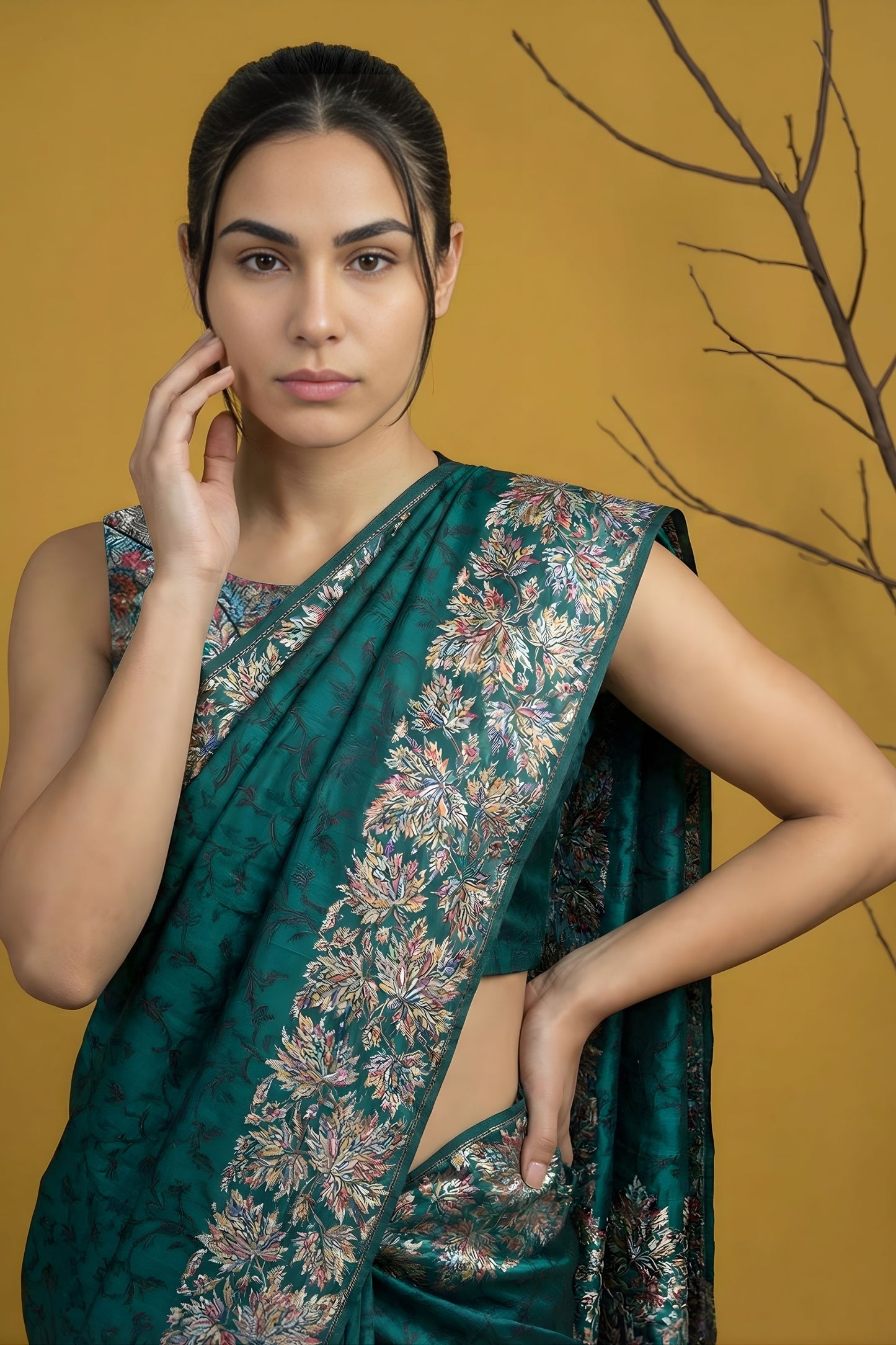 Bottle Green Silk Saree Floral Printed Border Designer Saree