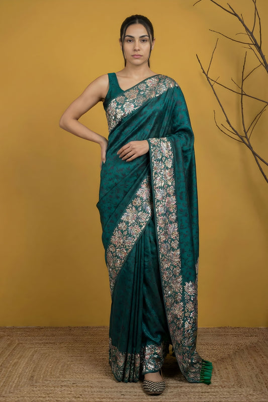 Bottle Green Silk Saree Floral Printed Border Designer Saree 