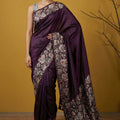 Wine Purple Silk Blend Floral Printed Designer Saree Rich Border Blouse
