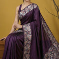 Wine Purple Silk Blend Floral Printed Designer Saree Rich Border Blouse