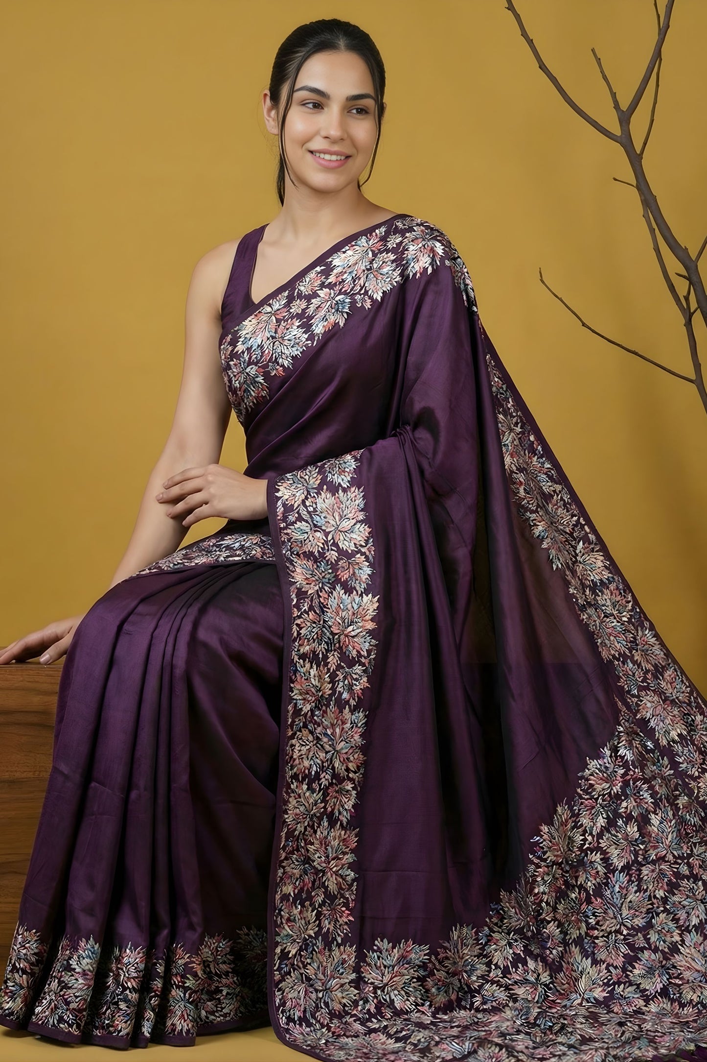 Wine Purple Silk Blend Floral Printed Designer Saree Rich Border Blouse