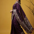 Wine Purple Silk Blend Floral Printed Designer Saree Rich Border Blouse