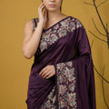 Wine Purple Silk Blend Floral Printed Designer Saree Rich Border Blouse