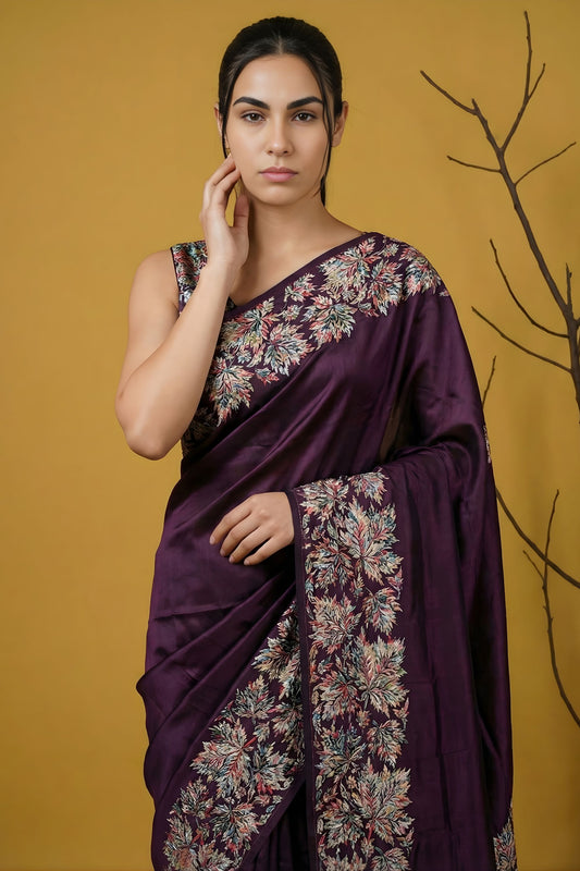 Wine Purple Silk Blend Floral Printed Designer Saree Rich Border Blouse