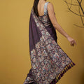 Wine Purple Silk Blend Floral Printed Designer Saree Rich Border Blouse