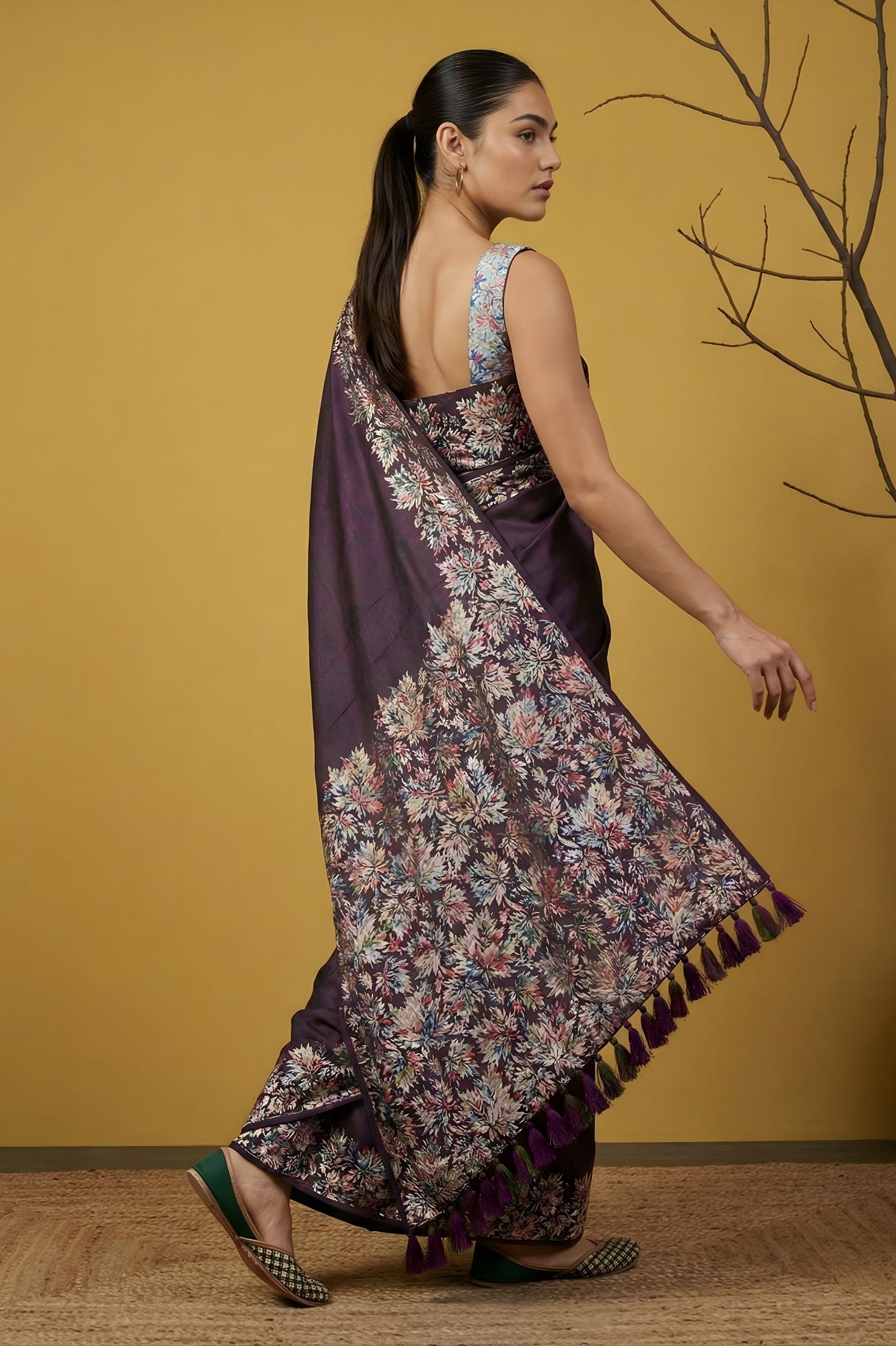 Wine Purple Silk Blend Floral Printed Designer Saree Rich Border Blouse
