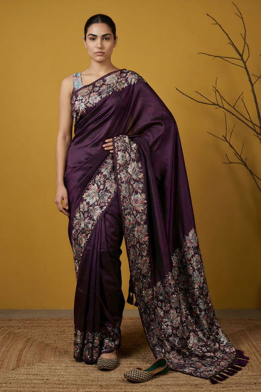 Wine Purple Silk Blend Floral Printed Designer Saree Rich Border Blouse