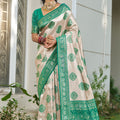 Beige Banarasi Silk Saree Green Zari Border Traditional Buta Design