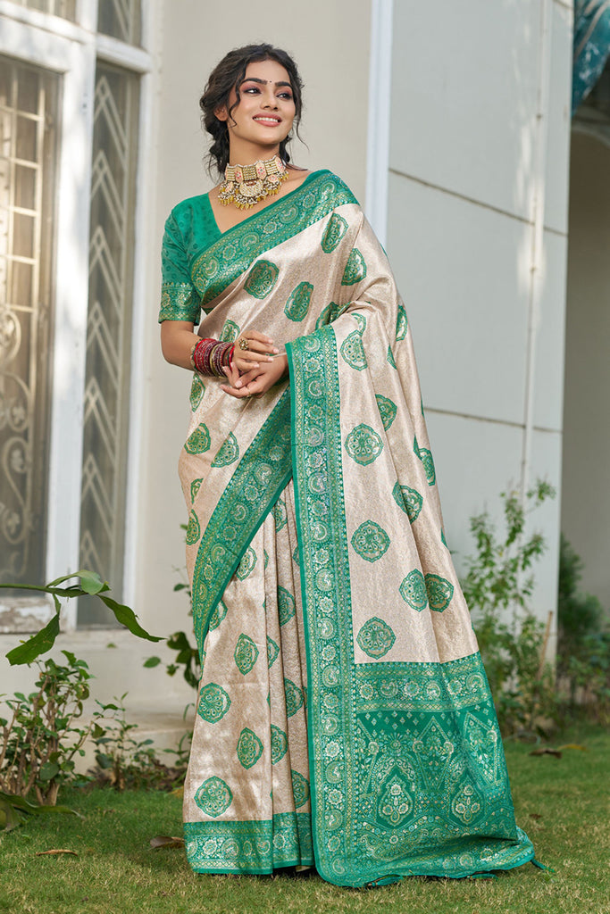 Beige Banarasi Silk Saree Green Zari Border Traditional Buta Design
