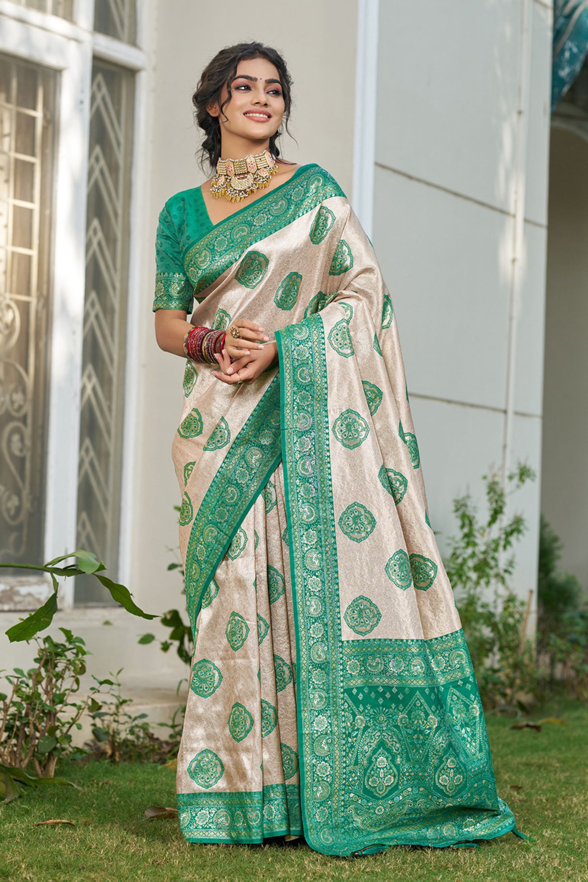 Beige Banarasi Silk Saree Green Zari Border Traditional Buta Design