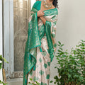 Beige Banarasi Silk Saree Green Zari Border Traditional Buta Design