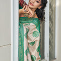 Beige Banarasi Silk Saree Green Zari Border Traditional Buta Design