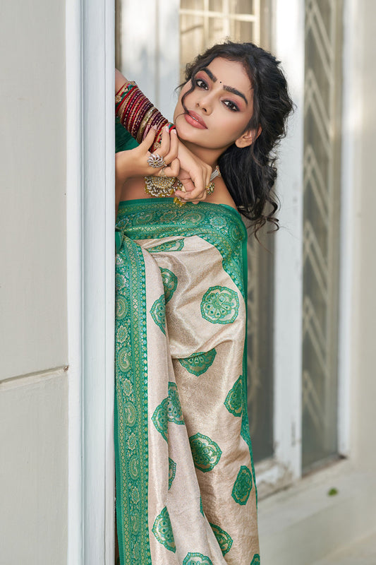 Beige Banarasi Silk Saree Green Zari Border Traditional Buta Design
