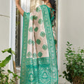 Beige Banarasi Silk Saree Green Zari Border Traditional Buta Design