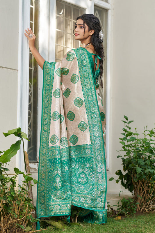 Beige Banarasi Silk Saree Green Zari Border Traditional Buta Design